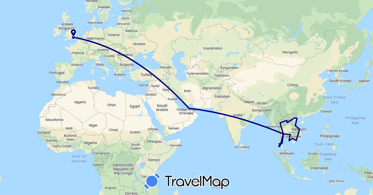 TravelMap itinerary: driving in United Arab Emirates, United Kingdom, Cambodia, Laos, Thailand, Vietnam (Asia, Europe)